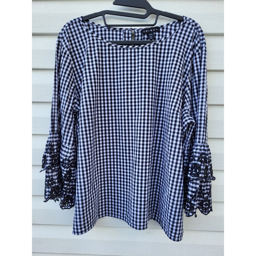 Tribal Gingham Bell Sleeve Embroidered Blouse Top Black White XL
